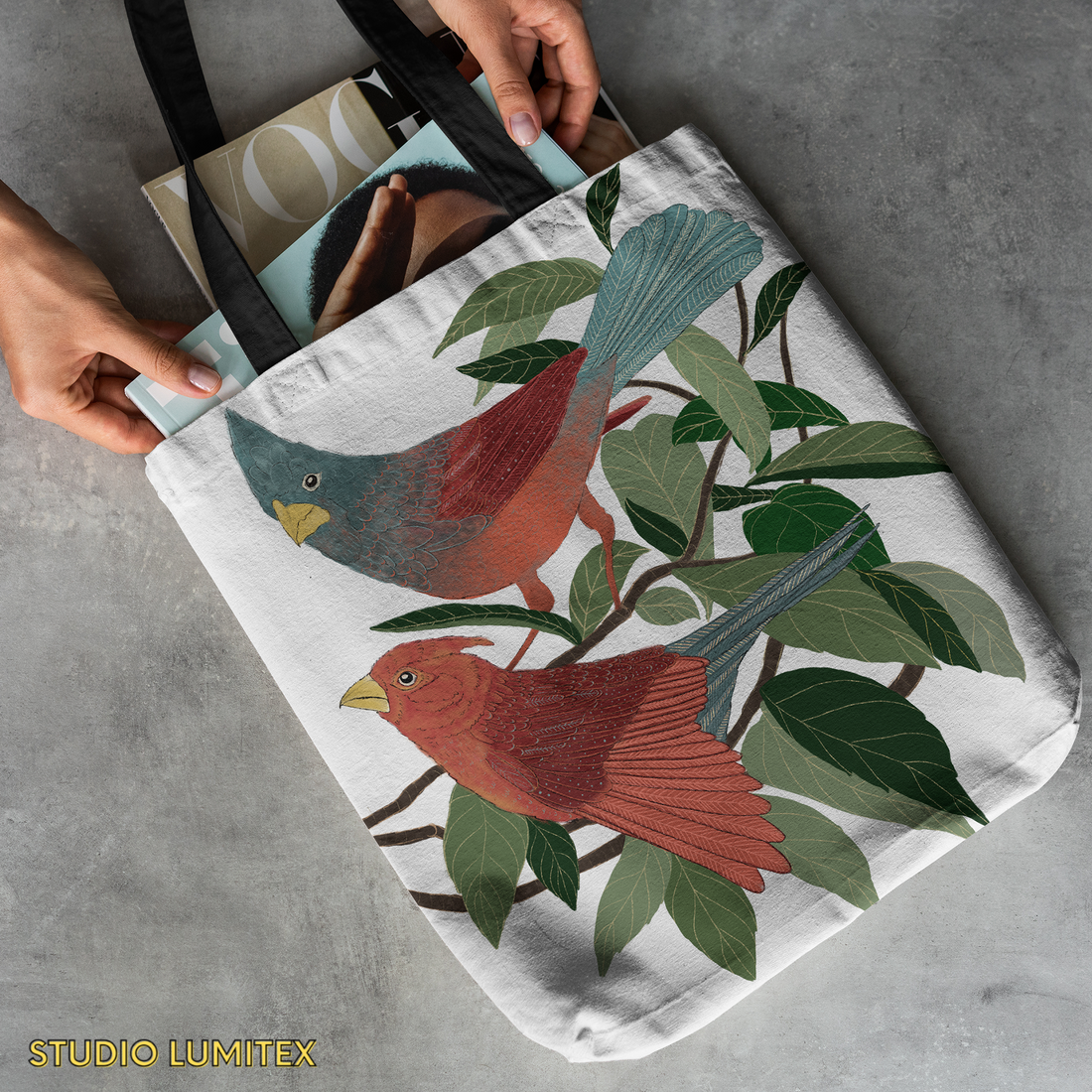 Tote Bag with Zipper Pocket -  Forest Birds Print