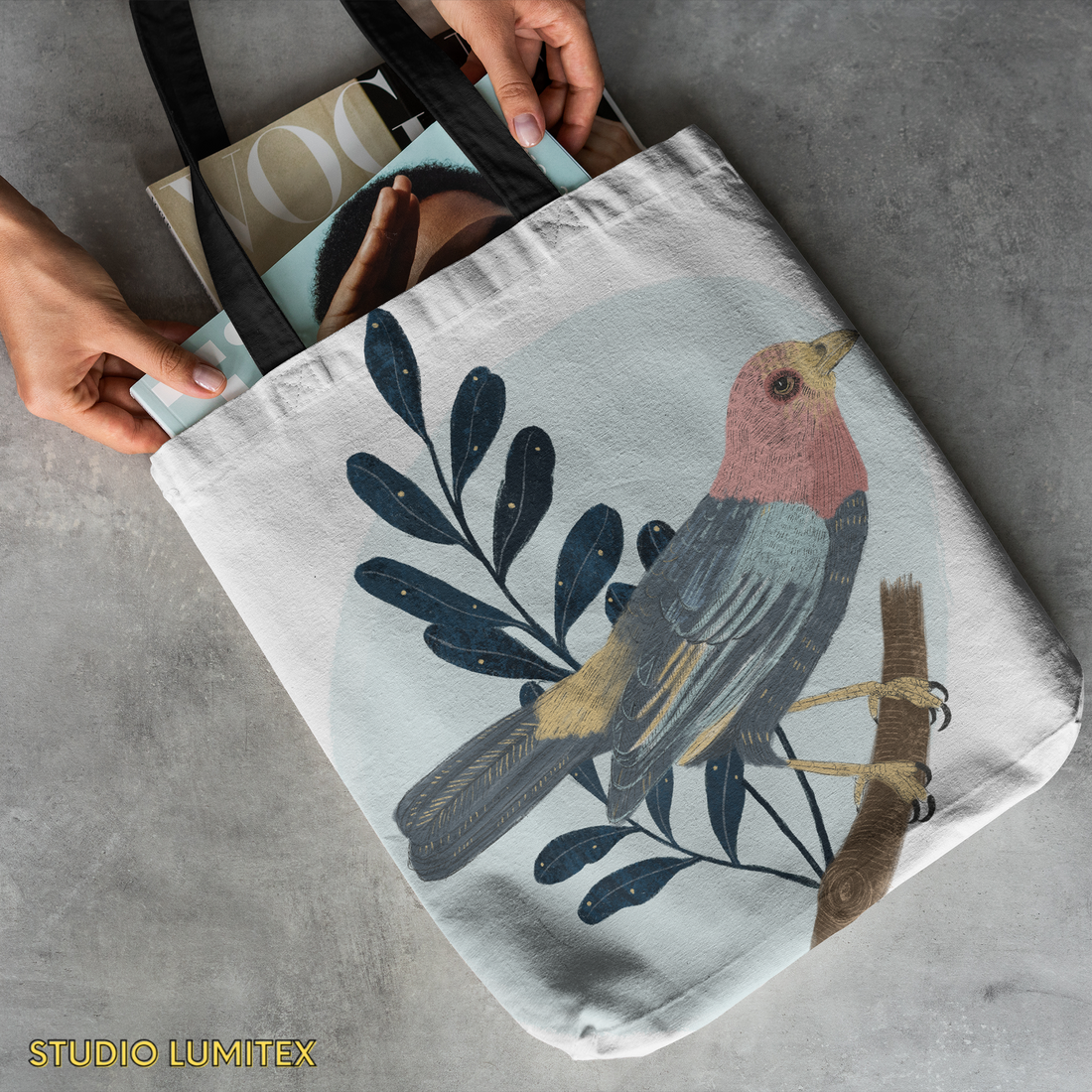 Tote Bag with Zipper Pocket - Blue Bird Print