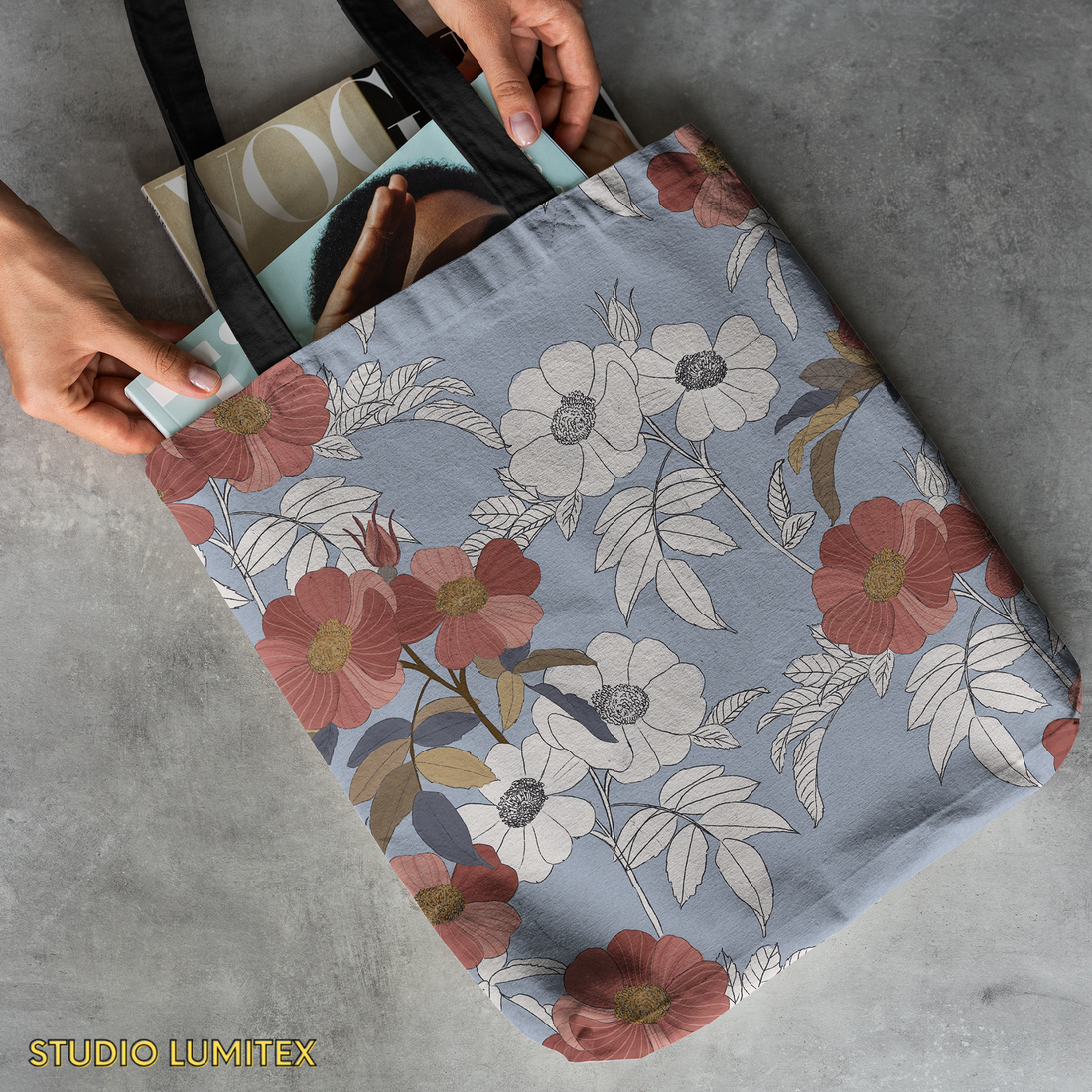 Tote Bag with Zipper Pocket - Floral Flower Print